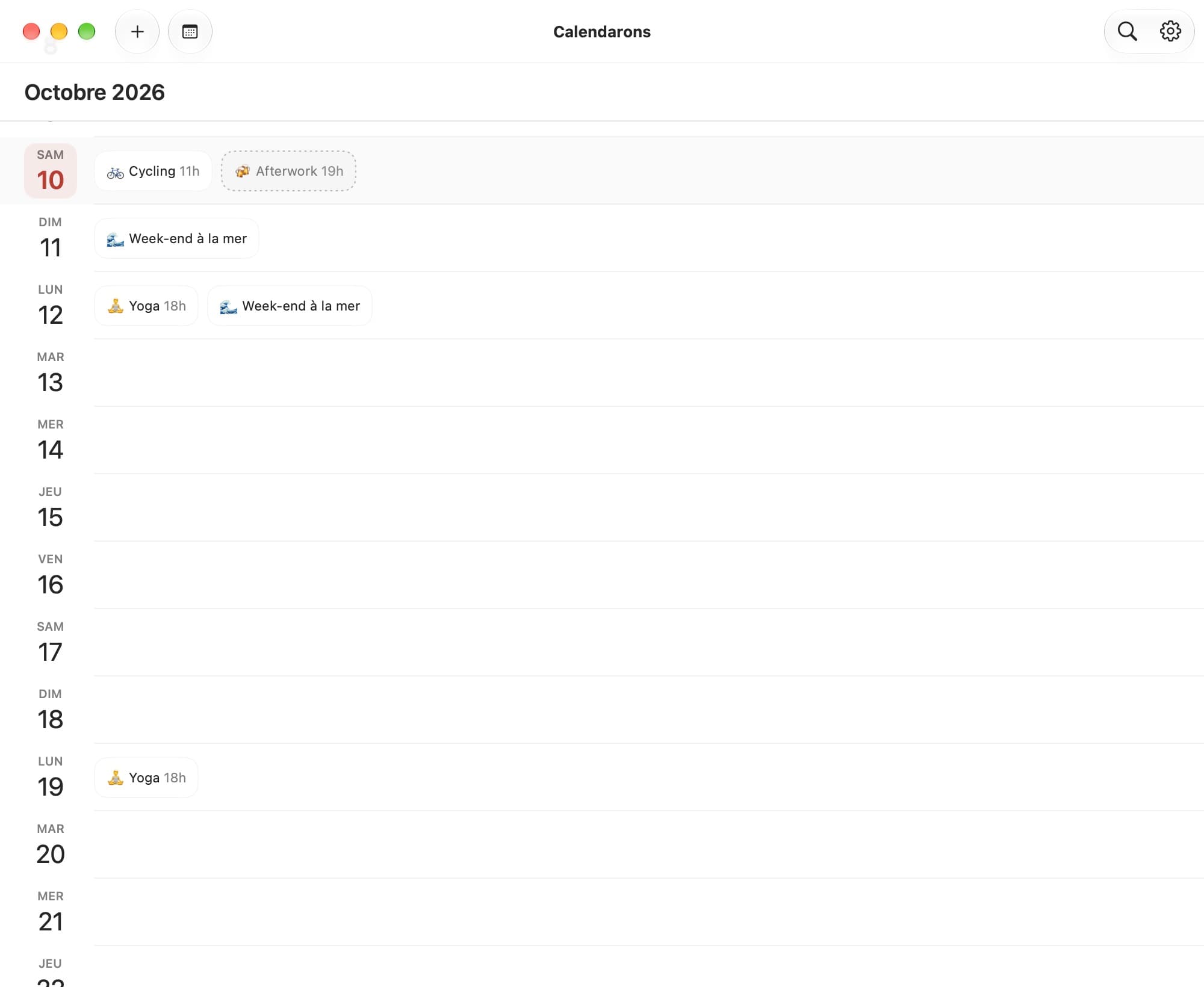 Calendarons sur Mac : une liste de jours avec les évènements Cycling, Afterwork et Week-end à la mer.