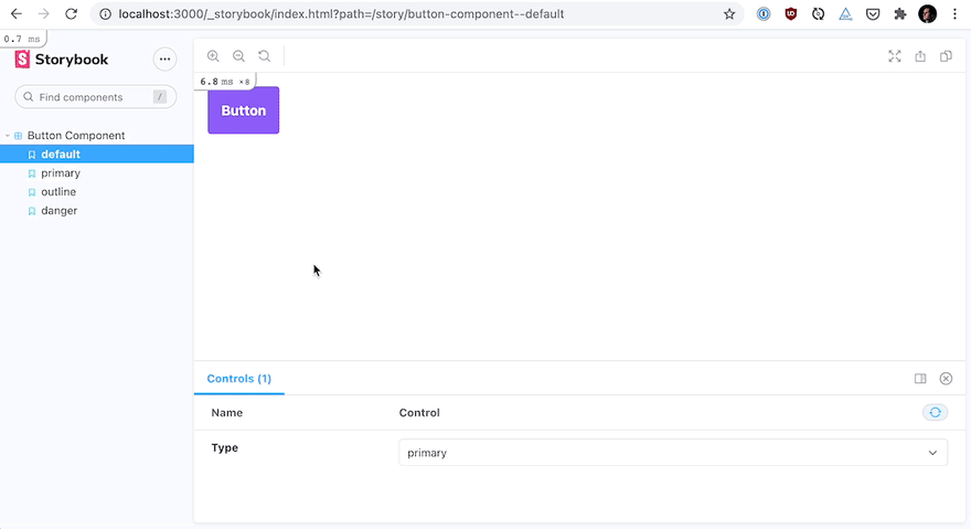 A GIF navigating the Button stories in Storybook. It clicks through the stories for the primary, outlined, and danger buttons, and then a “default” one which changes the type when the appropriate control gets selected