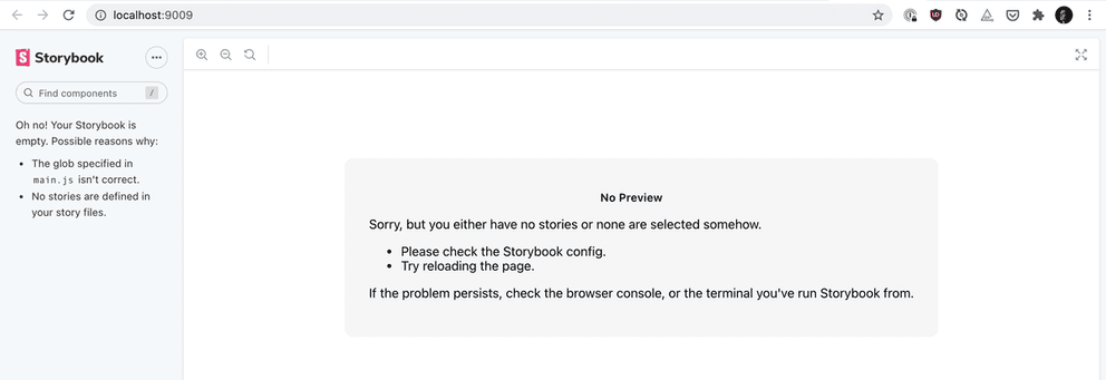 The Storybook instance is running, but says: “Oh no! Your Storybook is empty.”