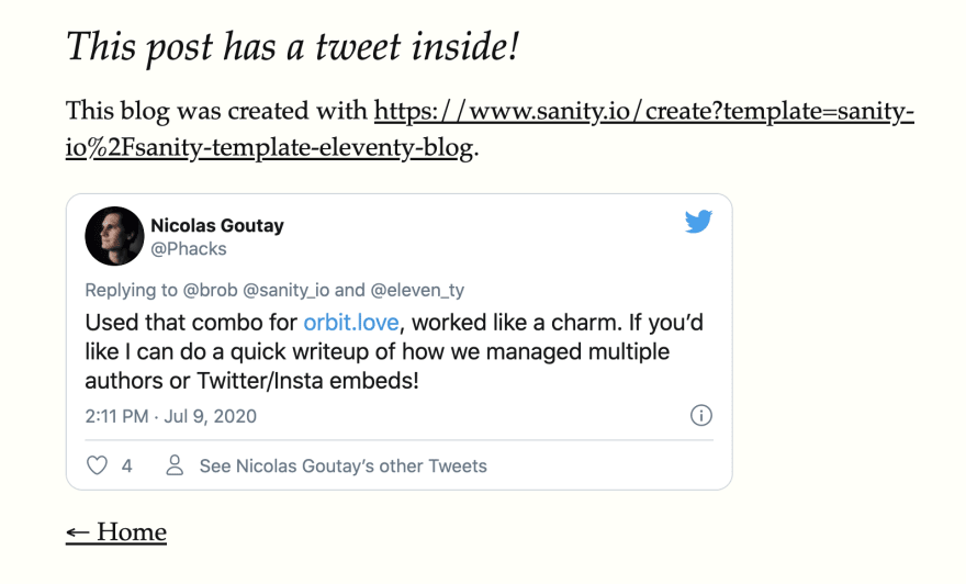 A blog post with a tweet embedded