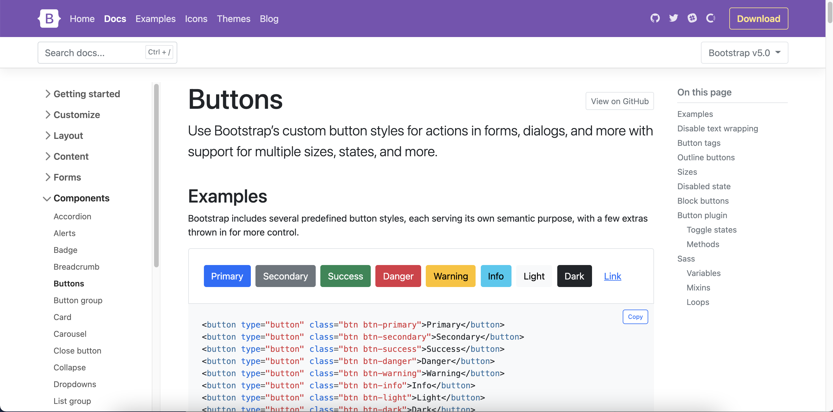 A screen capture of the documentation of Bootstrap 5’s Button component