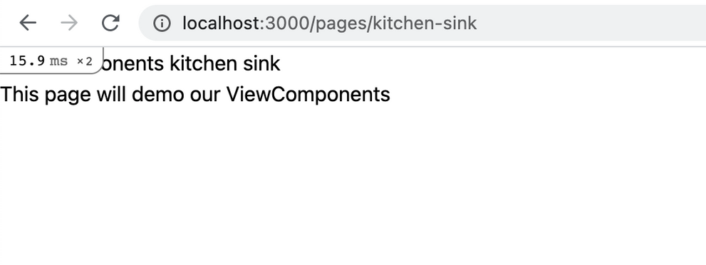 The Kitchen Sink page displays “View Components Kitchen Sink. This page will demo our ViewComponents”