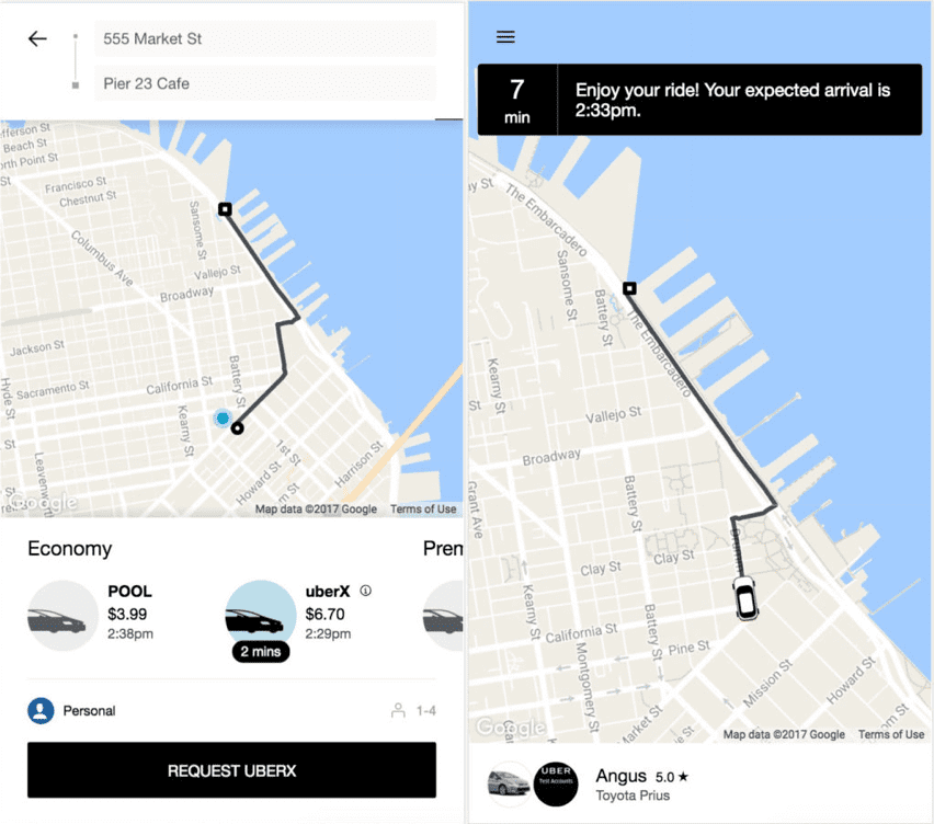 Two screenshots of the Uber mobile app